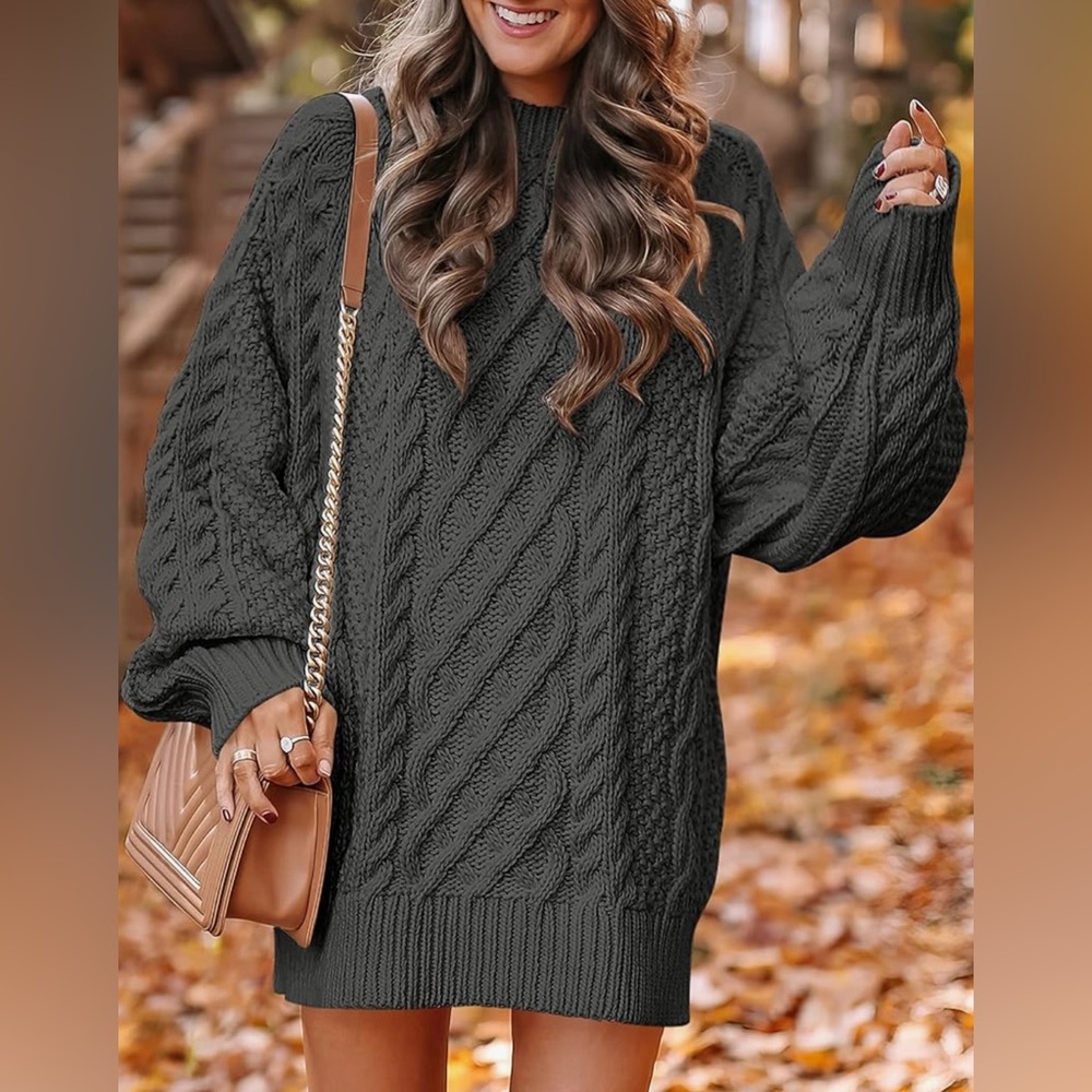 Crewneck Long Sleeve Oversized Cable Knit Chunky Pullover Short Sweater Dress